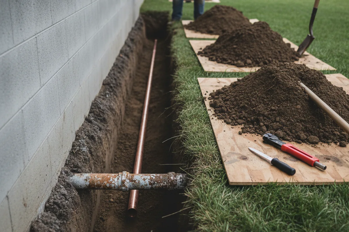 Excavated water line trench during Water Softener Installation in Fostoria